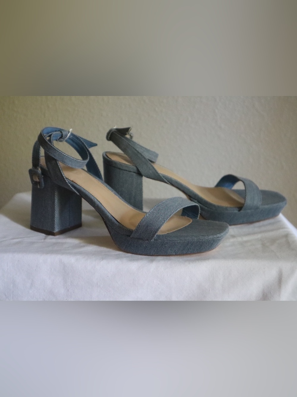 Denim-Look Platform Block Heel Sandals in Blue